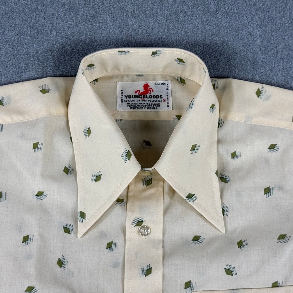 Youngbloods Western Shirt Mens M Cream Green Button Up Short Sleeve